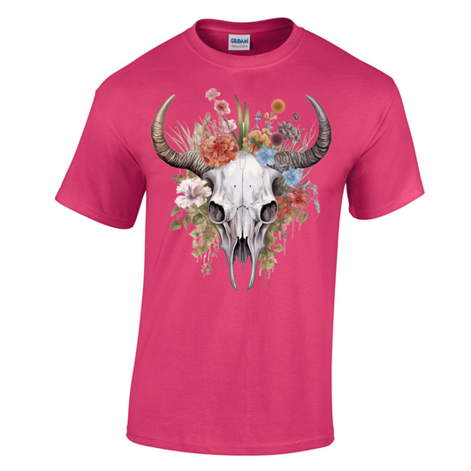 Floral Longhorn Skull Design  Nature-Inspired Casual Wear